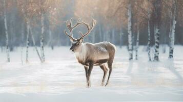 en ren i de mitten av en snöig landskap. generativ ai foto