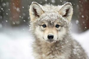 en söt Varg bebis i vinter- snö. generativ ai. foto