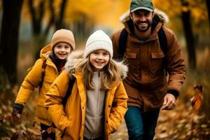en Lycklig familj åtnjuter en vandra genom färgrik höst löv bakgrund med tömma Plats för text foto