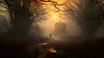 fantasi landskap med dimmig gammal hus i en skog på soluppgång foto
