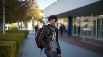 ung afrikansk amerikan flykting kille med en ryggsäck står i främre av de Träning Centrum. utbildning av flyktingar. en studerande justeras till en ny Land. utbildning, universitet, anpassning. invandrare foto