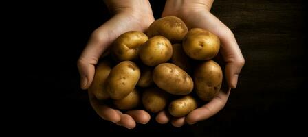 potatisar i handbredder på en mörk bakgrund närbild. händer innehav potatis med kopia Plats. ai genererad foto