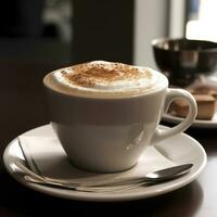 cappuccino med kanel i en vit keramisk kopp närbild. suddig bakgrund. ai genererad foto