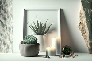 modern bild ram attrapp för rum dekor. en hylla med en dekorativ ljus, glas, trä, och stenar är placerad mot en vit vägg. inlagd krukväxt. generativ ai foto