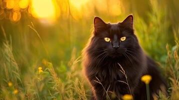 skön långhårig svart katt i en äng, generativ ai foto