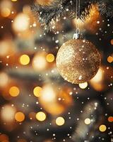 närbild se av ornament på en jul träd, bakgrund, ai genererad foto