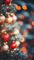 närbild se av ornament på en jul träd, ai genererad foto
