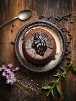 choklad lava kaka på en rustik trä- bakgrund, generativ ai foto