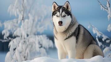 sibirisk hes hund utanför i en snöig klimat, ai genererad foto