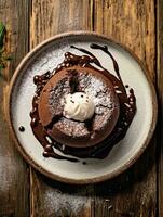 choklad lava kaka på en rustik trä- bakgrund, generativ ai foto