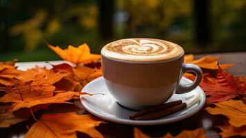 pumpa latte på en tabell mot ett utomhus- höst bakgrund, ai genererad foto