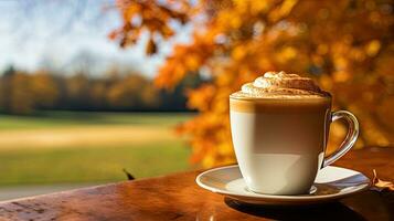 pumpa latte på en tabell mot ett utomhus- höst bakgrund, ai genererad foto