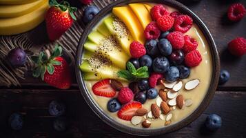 smoothie skål toppade med färgrik sortiment av frukt och nötter, ai genererad foto