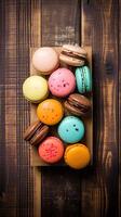 blandad macarons på en trä- tabell, generativ ai foto