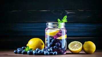 glas av blåbär och citron- infuserad vatten, ai genererad foto