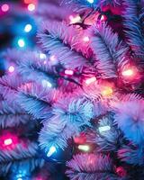närbild se av fe- lampor på en jul träd, ai genererad foto