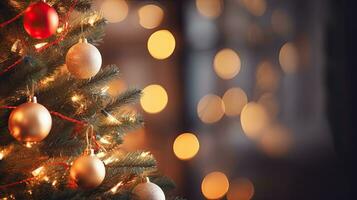 närbild se av ornament på en jul träd, bakgrund, ai genererad foto