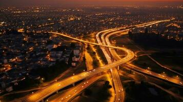 antenn se av motorväg, väg trafik ett Viktig infrastruktur av de huvudstad. generativ ai foto