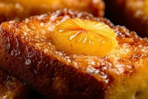 ananas rostat bröd, makro skott av en färsk frukost med droppande honung, ai genererad foto