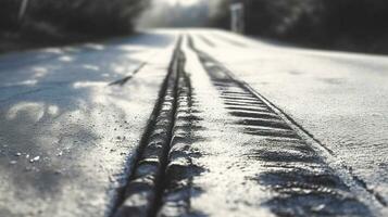 Spår sudd däck Spår på de väg med markeringar närbild. transport motorväg för rörelse. ai genererad. foto