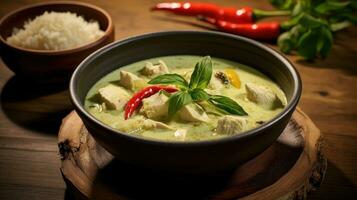 thai mat, grön curry kyckling med kokos curry på de trä- golv bakgrund. generativ ai foto