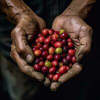 lantbruk plockning kaffe bär, bondens hand plockning arabica kaffe bär eller robusta bär förbi de händer. vietnam. generativ ai foto