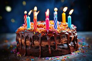 chocholate droppande Lycklig födelsedag kaka, generativ ai foto