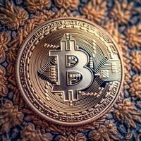 närbild av en bitcoin med en unik bakgrund generativ ai foto