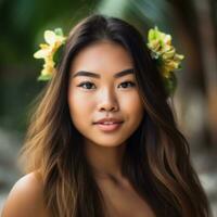 porträtt av ett asiatisk kvinna på tropisk strand generativ ai foto