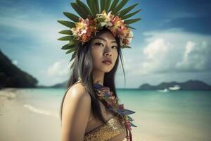 porträtt av ett asiatisk kvinna på tropisk strand generativ ai foto