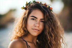 porträtt av ett attraktiv ung kvinna på tropisk strand generativ ai foto