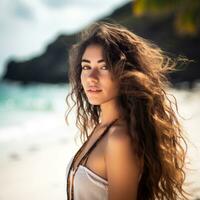 porträtt av ett attraktiv ung kvinna på tropisk strand generativ ai foto