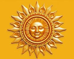 en gyllene Sol med en leende ansikte på en gul bakgrund generativ ai foto