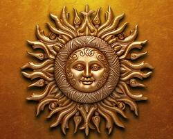 en gyllene Sol med en ansikte på den på en brun bakgrund generativ ai foto