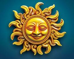 en gyllene Sol med en leende ansikte på en blå bakgrund generativ ai foto