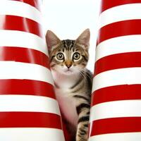 en kattunge kikar ut från Bakom en röd och vit randig kon generativ ai foto