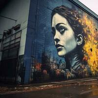 en stor mural av en kvinnors ansikte på de sida av en byggnad generativ ai foto
