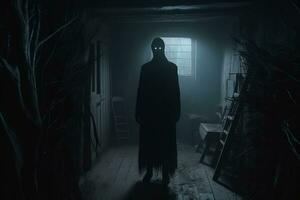en man i en mörk rum med lysande ögon stående i främre av en dörr generativ ai foto
