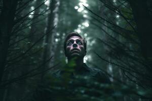 en man stående i de mitten av en mörk skog generativ ai foto