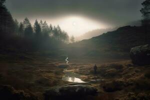 en man stående i de mitten av en ström i en dimmig skog generativ ai foto