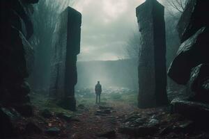 en man står i främre av två sten pelare i en mörk skog generativ ai foto