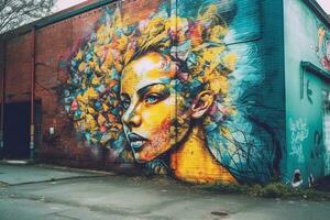 en mural av en kvinna med blommor på henne huvud på de sida av en byggnad generativ ai foto