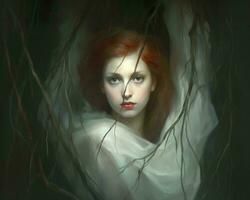 en målning av en kvinna med röd hår i de trän generativ ai foto