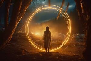 en person stående i främre av en cirkel av ljus generativ ai foto