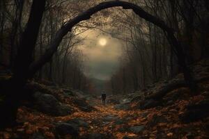 en person stående i de mitten av en mörk skog generativ ai foto
