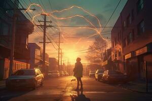 en person stående i de mitten av en gata med en blixt- bult kommande ut av de himmel generativ ai foto