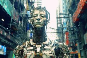 en robot stående i de mitten av en stad gata generativ ai foto