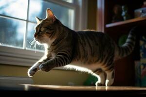 en tabby katt stående på dess hind ben på topp av en tabell generativ ai foto