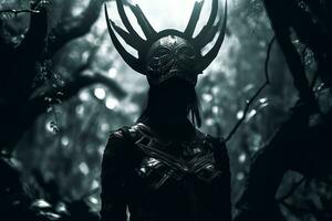 en kvinna i en mörk skog med horn på henne huvud generativ ai foto