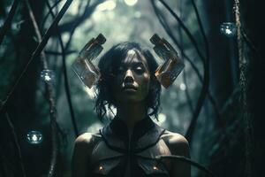 en kvinna i en skog med lysande objekt på henne huvud generativ ai foto